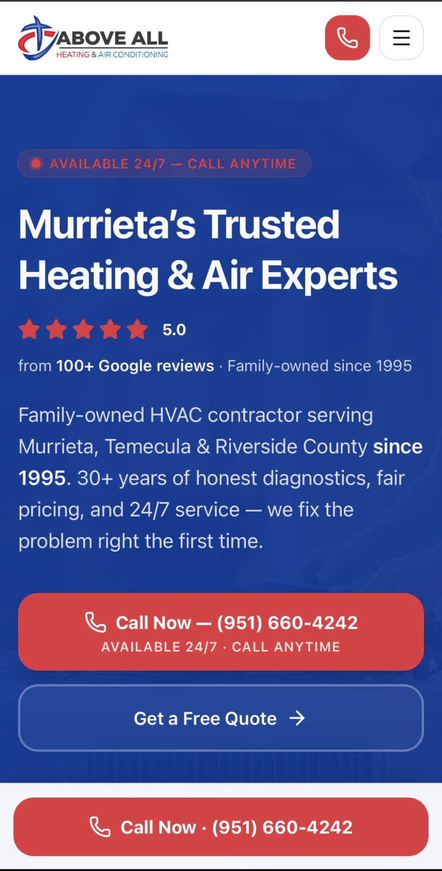 Mobile screenshot of Above All Heating & Air — Murrieta's Trusted Heating & Air Experts headline with Call Now CTA.