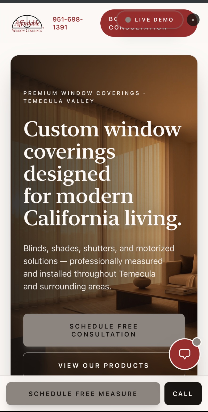 Mobile screenshot of AFF Windows — Custom window coverings designed for modern California living, with Schedule Free Consultation CTA.