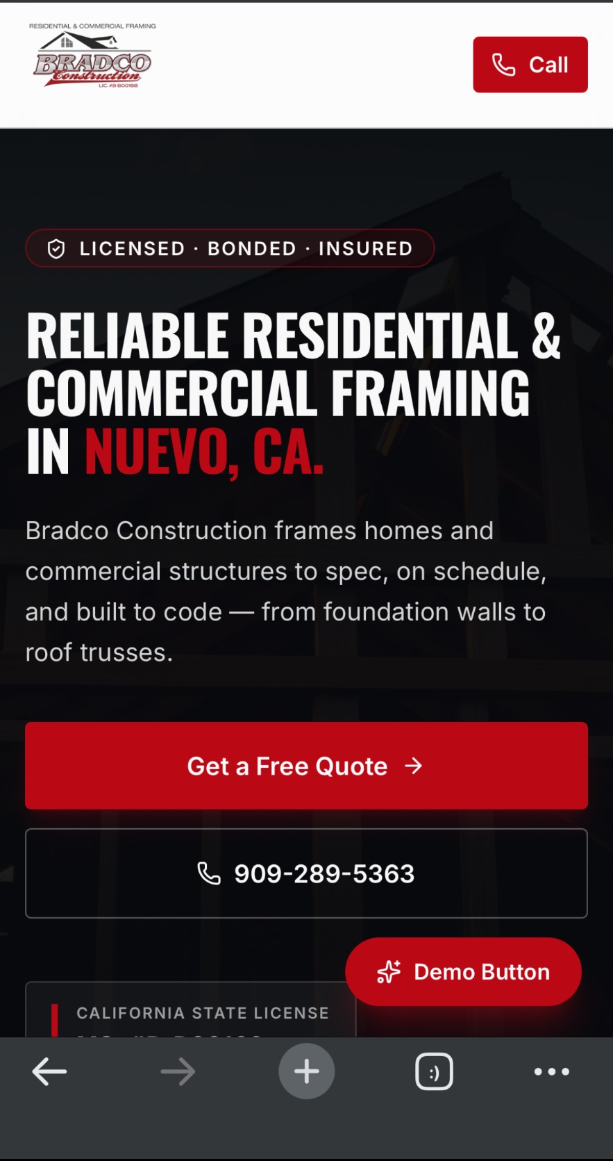 Mobile screenshot of Bradco Construction — Reliable Residential & Commercial Framing in Nuevo, CA headline with Get a Free Quote CTA.