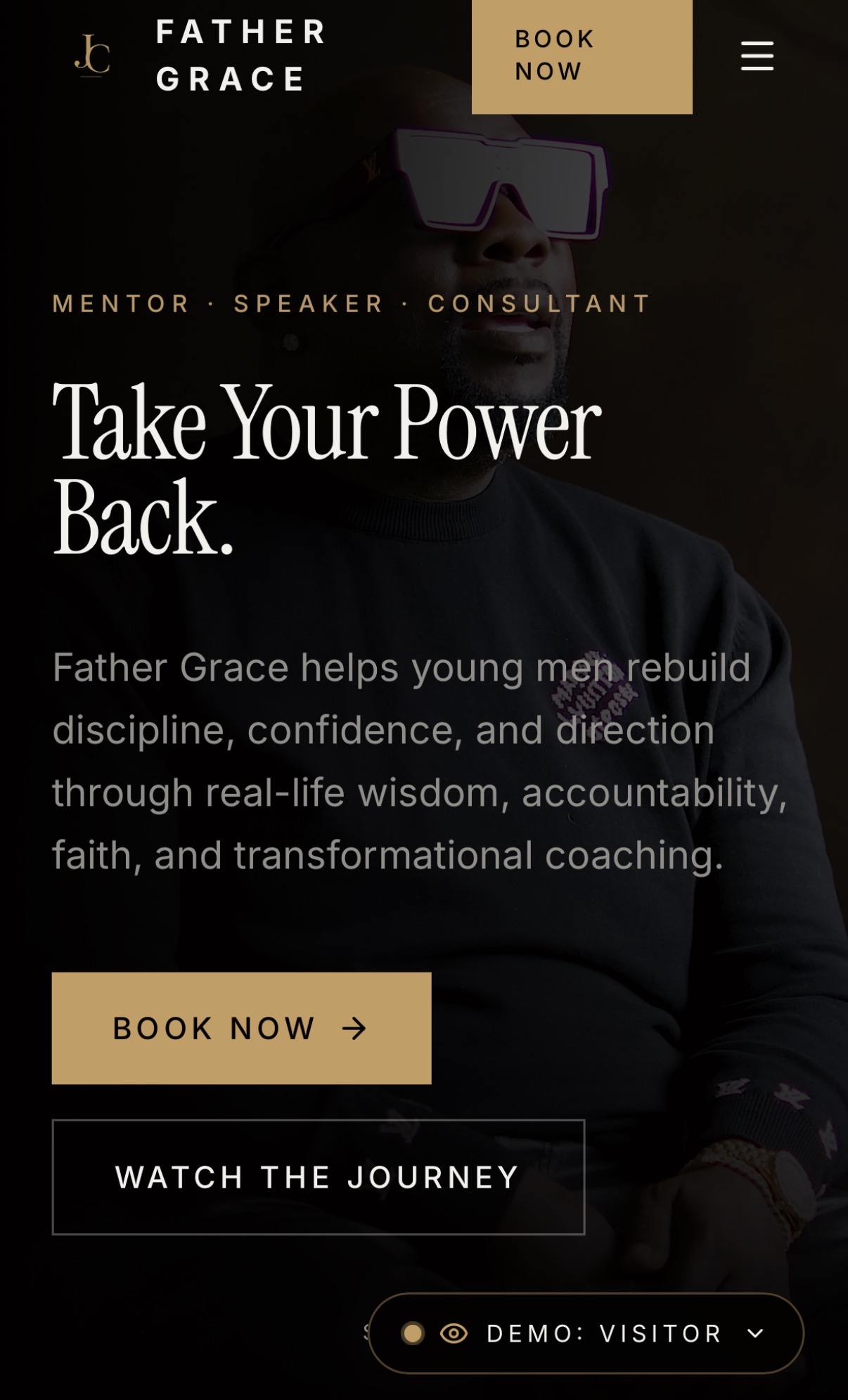 Mobile screenshot of Father Grace site — Take Your Power Back headline with mentor portrait and dark editorial layout.